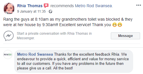 FANTASTIC FACEBOOK FEEDBACK FOR METRO ROD SWANSEA