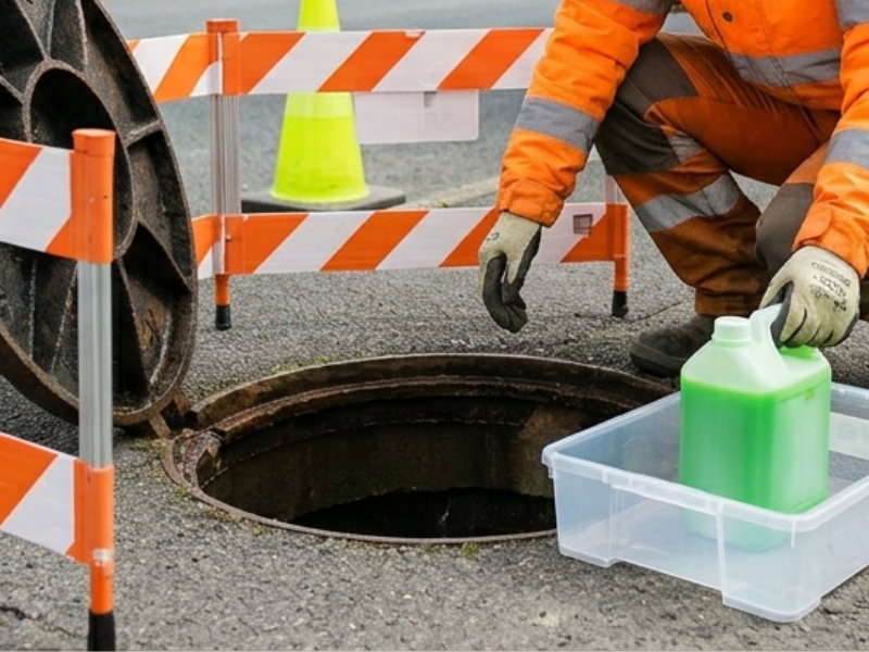 Metro Rod engineer pouring coloured drain dye into an outdoor drain to trace water flow during a drainage test
