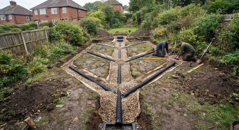 A wide-angle, ground-level photograph captures the installation of a complex garden drainage system in a British back garden on an overcast day. Two professional landscapers, one kneeling and one bending, are carefully laying a network of perforated black drainage pipes and gravel within a series of interconnected trenches. The trenches form a precise, branching herringbone pattern, lined with a beige geotextile fabric and filled with pea shingle. The main collector pipe runs centrally toward a catch basin in the foreground. Piles of excavated soil are visible alongside the trenches. In the background, beyond the construction zone, sits a lush, overgrown garden with mature shrubs and trees, leading to the rear view of two traditional semi-detached brick houses under soft daylight. Tools like a level, spade, and rake are placed around the workers. The ground is muddy and disturbed.