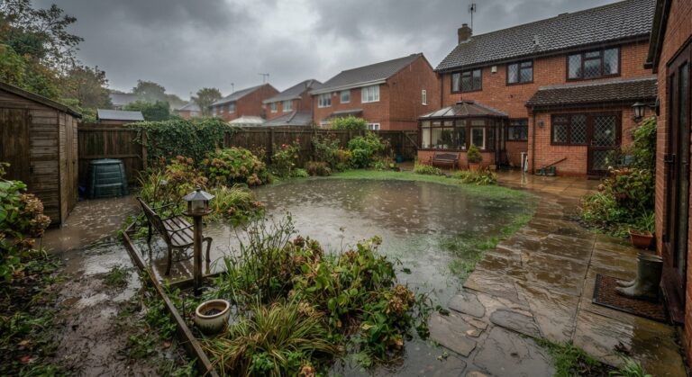 A wide-angle view of a heavily waterlogged suburban back garden in the UK on a dark, rainy day. The middle of the lawn is covered in standing water, surrounded by saturated soil, soggy flower beds, and wet paving slabs leading up to a red-brick semi-detached house. A pair of wellington boots sits near the back door under overcast grey skies.