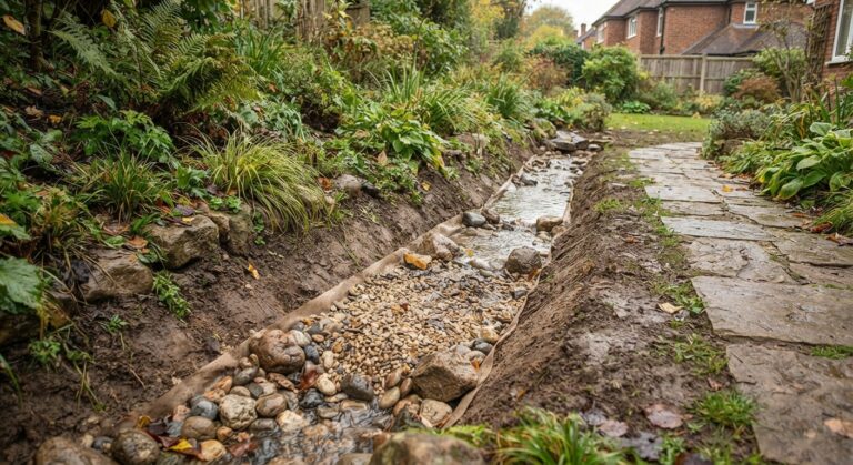A low-angle, ground-level photograph shows a recently constructed functional drainage ditch (or swale) cutting through a muddy garden on an overcast day. The ditch, with its raw, exposed earth banks, is lined with a layer of non-woven geotextile fabric. The bottom of the ditch is filled with a mix of smooth, rounded river stones and larger boulders, interspersed with smaller pea gravel, through which a small amount of water is actively flowing. To the right of the ditch is a winding path made of irregular, weathered flagstones leading towards a grassy area and a traditional brick house in the background. The left bank of the ditch is lush with mature, damp-loving garden plants, including ferns, hostas, and various grasses. Fallen autumn leaves are scattered throughout the scene, on the path, among the stones, and in the mud. The lighting is diffused and natural.