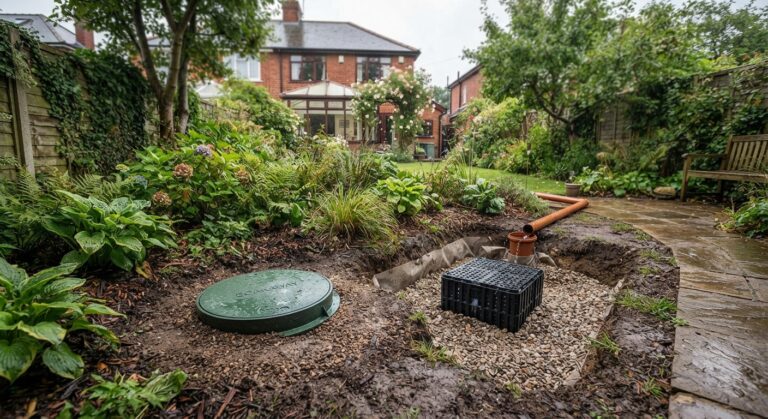 A ground-level photograph shows an in-progress installation of a garden soakaway system in a lush, wet backyard. In the foreground, an excavated pit reveals a black plastic soakaway crate sitting on a bed of gravel, surrounded by soil and a terracotta downpipe directing water into it. To the left of the pit, a round green access cover is set into the ground. A muddy flagstone path runs along the right side of the excavation, leading towards a traditional brick house with a conservatory in the background. The surrounding garden is filled with dense, wet plants like hostas and ferns under an overcast sky.