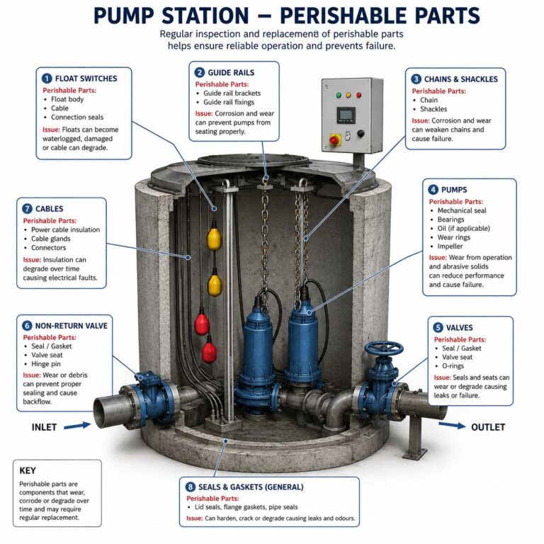 Infographic showing common pump station maintenance wear parts, including mechanical seals, pump bearings, impeller pumps, non-return valves, float switches, valves, cables and gaskets.