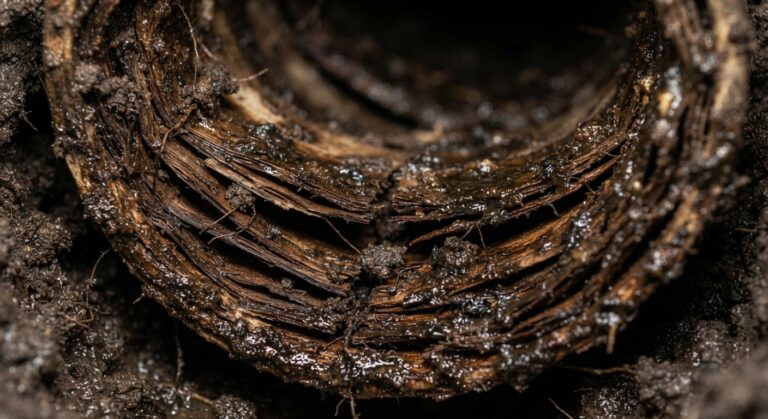 Close-up of a severely deteriorated pitch fibre drain pipe, showing cracked and separated fibrous layers, deformation and moisture within the ageing pipe structure.