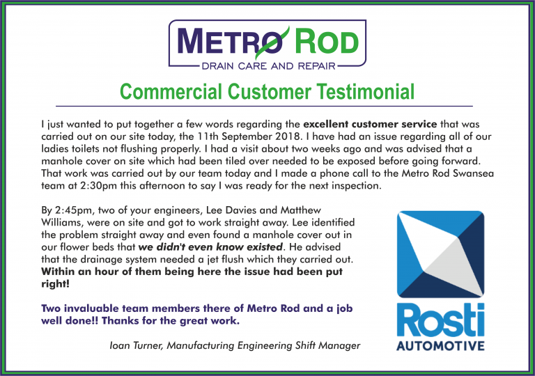 Rosti Feedback Commercial Drain Experts Swansea Metro Rod