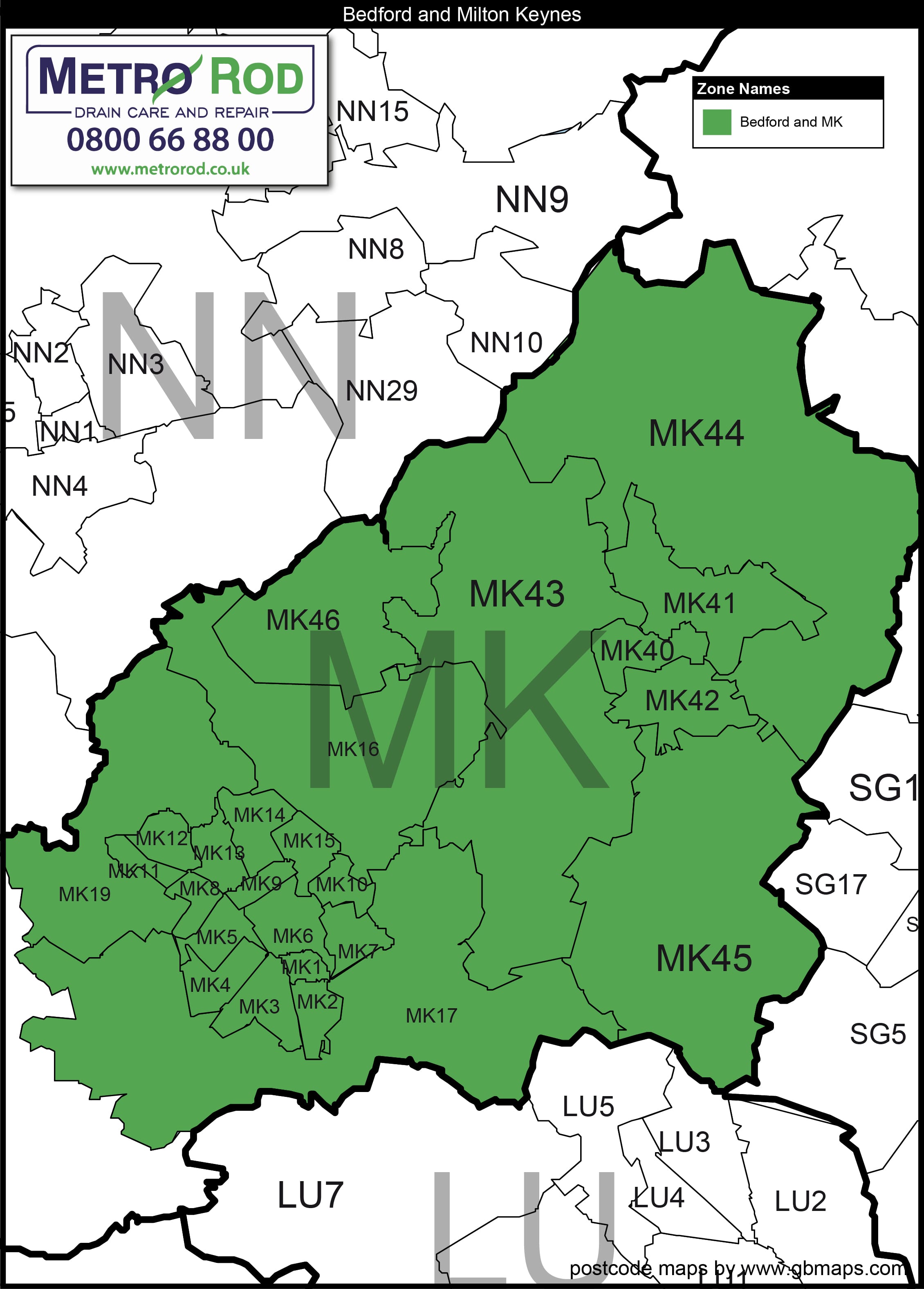 Milton Keynes Map With Postcodes Where We Work - Metro Rod Bedford & Mk - Metro Rod